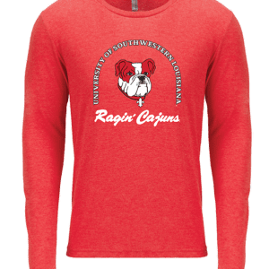 A red long sleeve shirt with the words " ragin cajuns " on it.