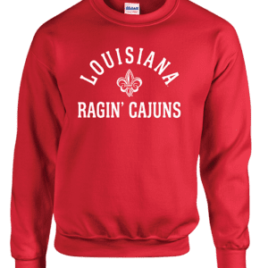 A red sweatshirt with the words louisiana ragin cajuns on it.