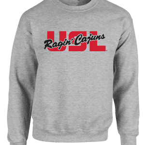 A gray sweatshirt with the university of louisiana at lafayette logo.