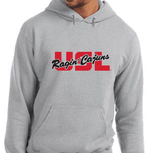 A man wearing a gray hoodie with the words " ragin cajuns usl ".