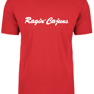 A red shirt with the words ragin cajuns written on it.