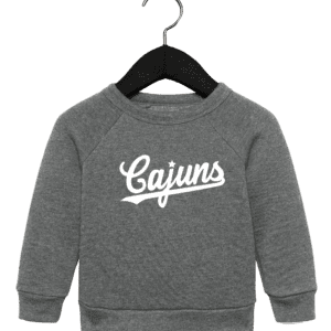 A gray sweatshirt with the word " cajuns " on it.