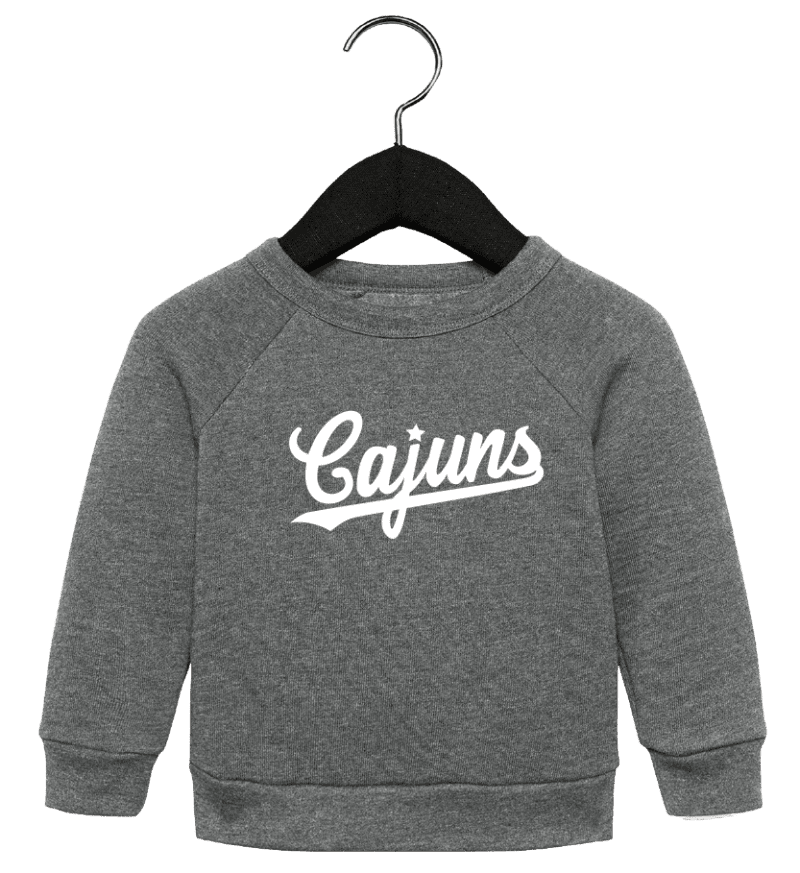 A gray sweatshirt with the word " cajuns " on it.