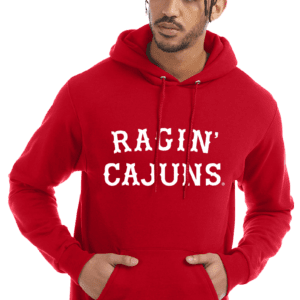 A man wearing a red hoodie with the words " ragin cajuns ".