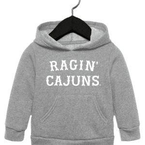 A gray hoodie with the words ragin cajuns on it.