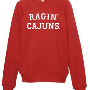 A red ragin cajuns sweatshirt is shown.