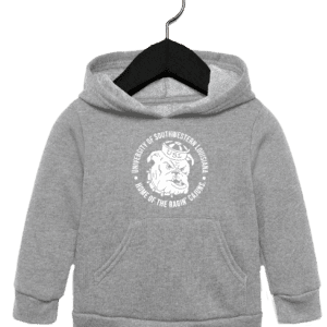 A gray hoodie with a white logo on it.