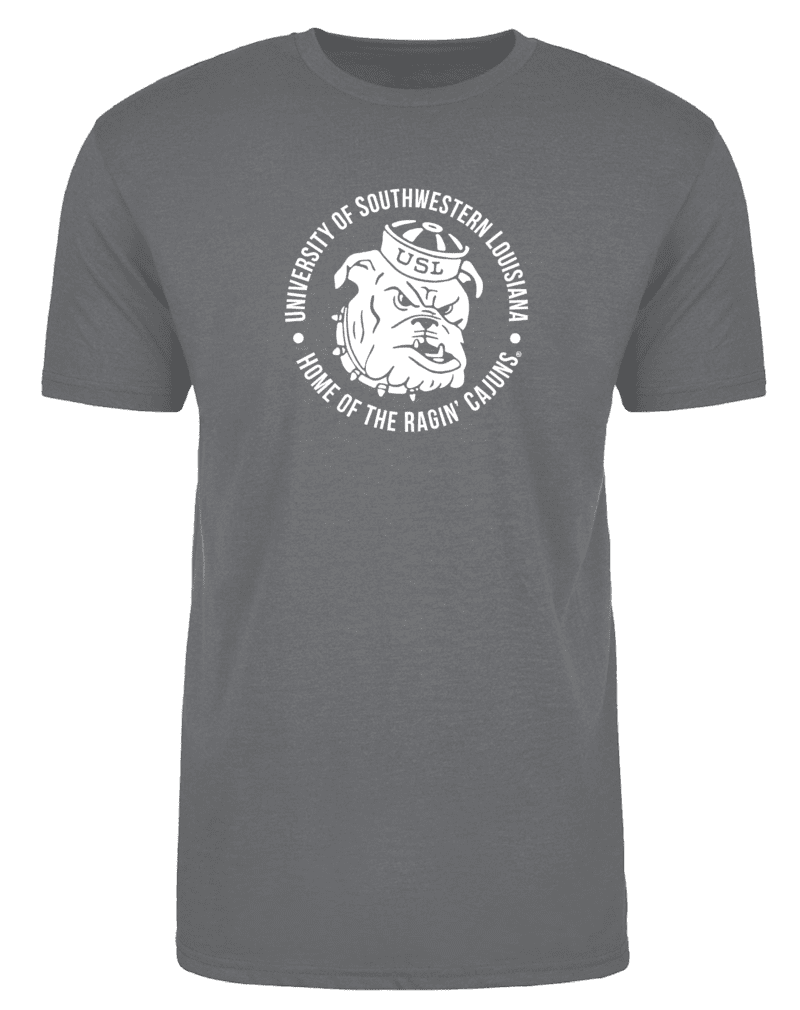 A gray t-shirt with an image of a bulldog.