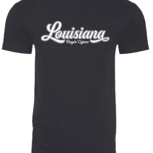 A black t-shirt with the word louisiana written in white.