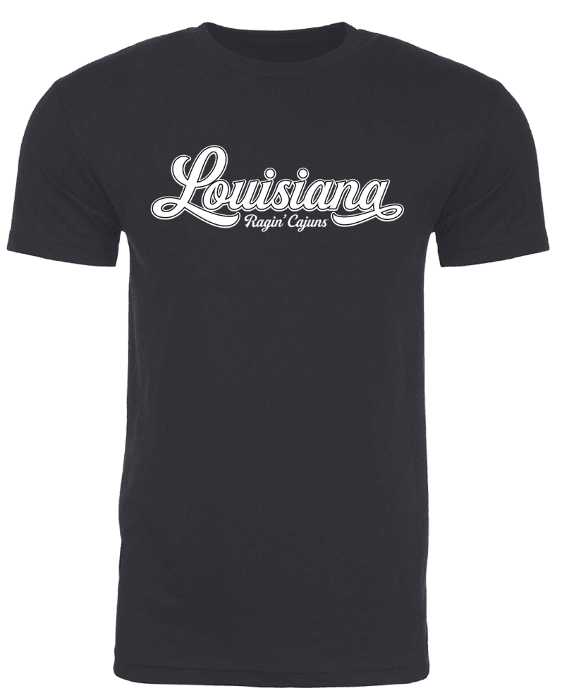 A black t-shirt with the word louisiana written in white.