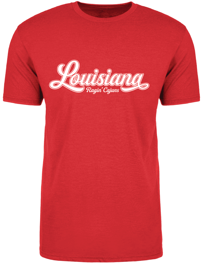 A red shirt with the word louisiana written in white.