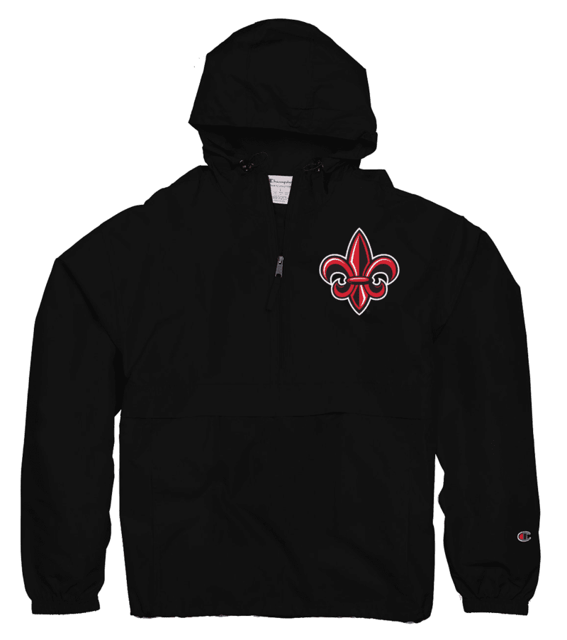 A black hoodie with a red and white fleur de lis on it.