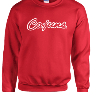 A red sweatshirt with the word cajuns written in white.