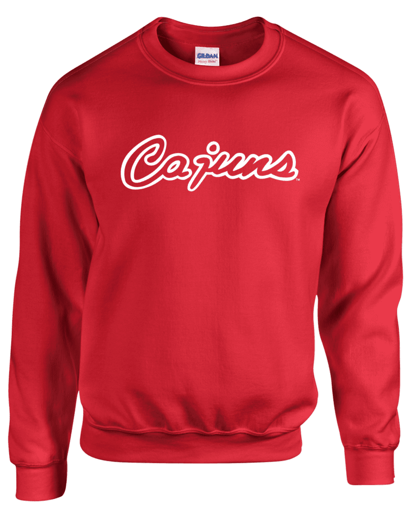 A red sweatshirt with the word cajuns written in white.