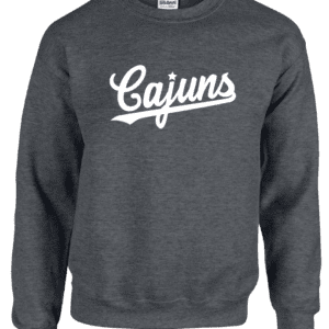 A dark gray sweatshirt with the word cajuns on it.