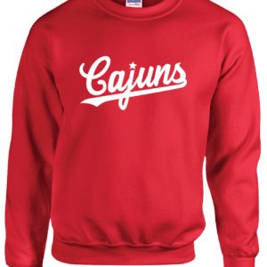 A red sweatshirt with the word " cajuns " on it.