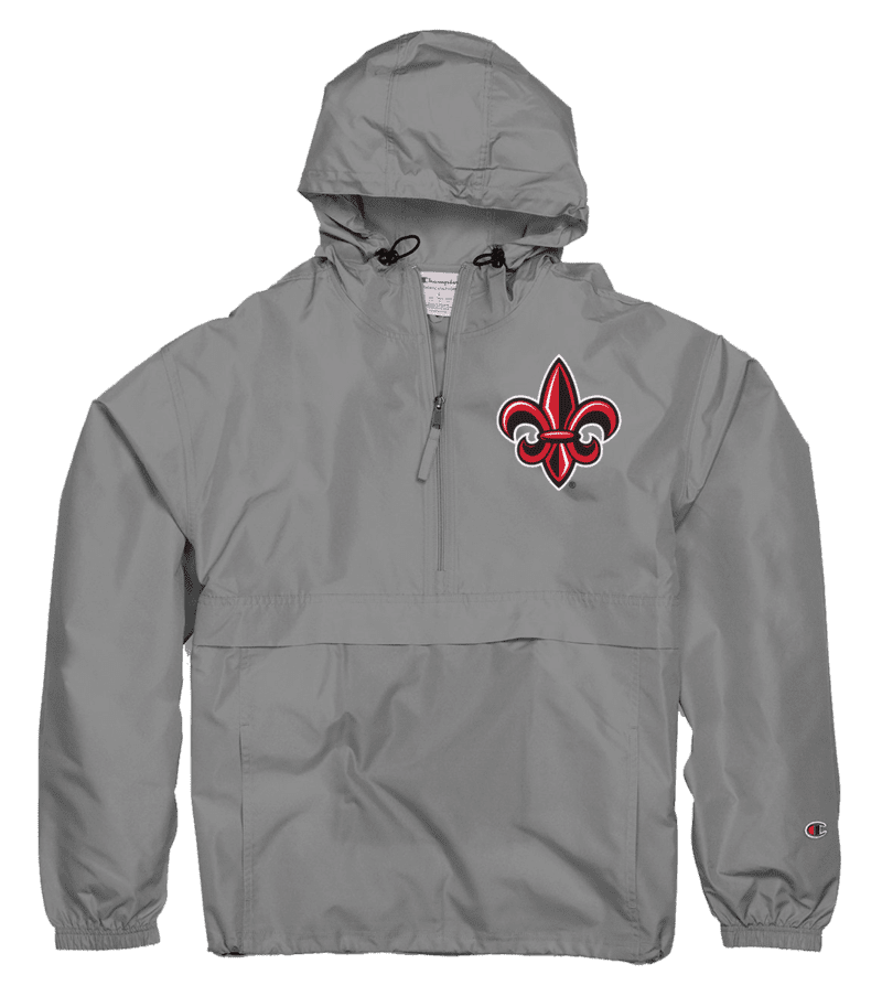 A gray jacket with a red and white fleur de lis on it.