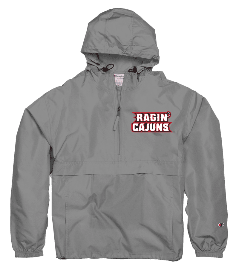 A gray jacket with the words ragin cajuns on it.