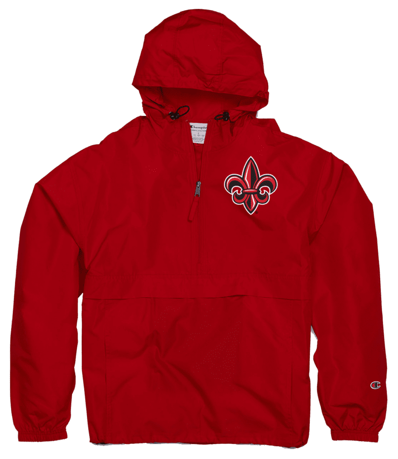 A red jacket with a fleur de lis on it.