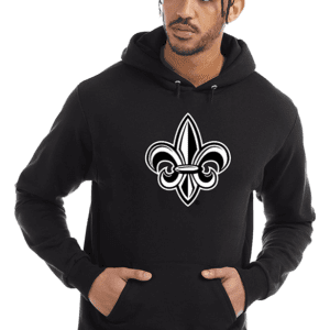 A man wearing a black hoodie with a silver fleur de lis on it.