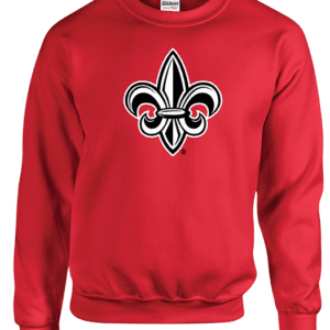 A red sweatshirt with a black and white fleur de lis.