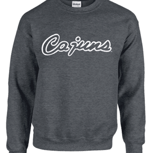 A dark gray sweatshirt with the word cajuns written in white.