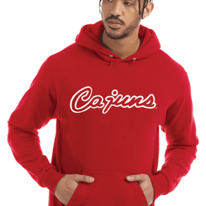 A man in red hoodie with the word " cajuns ".