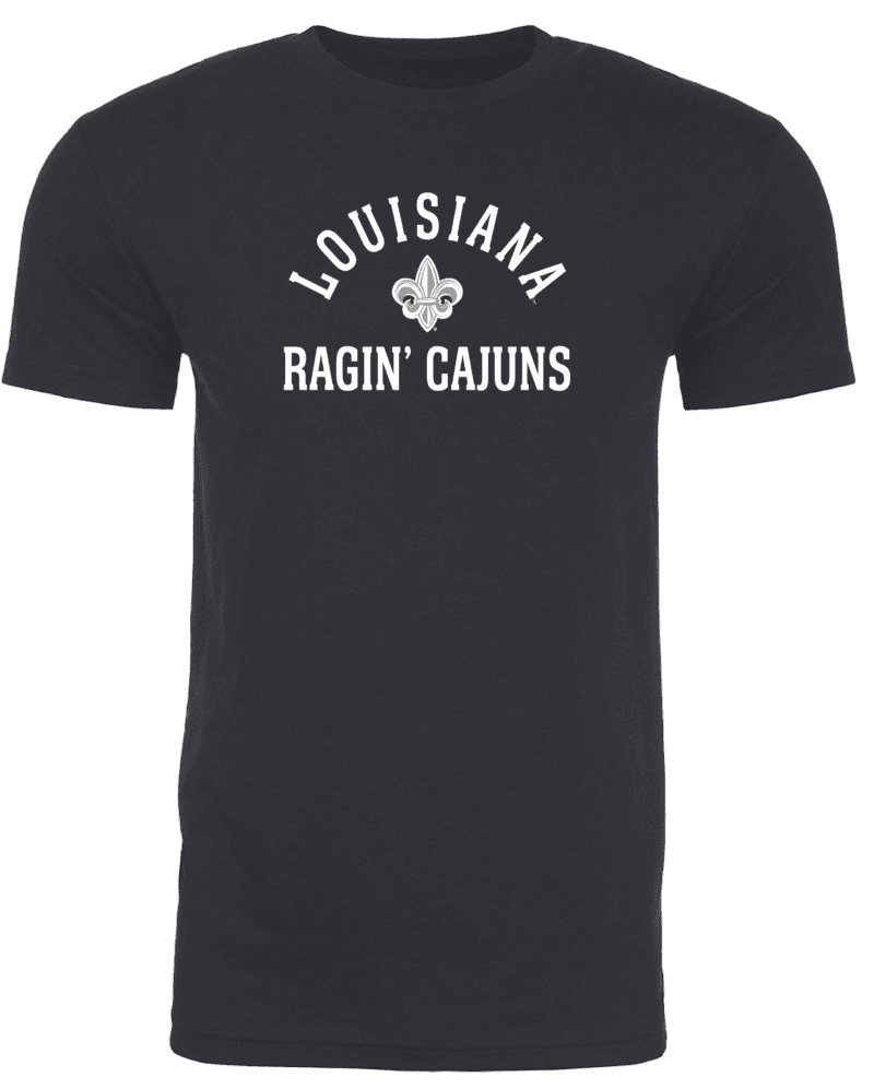 A black shirt with the words louisiana ragin cajuns on it.