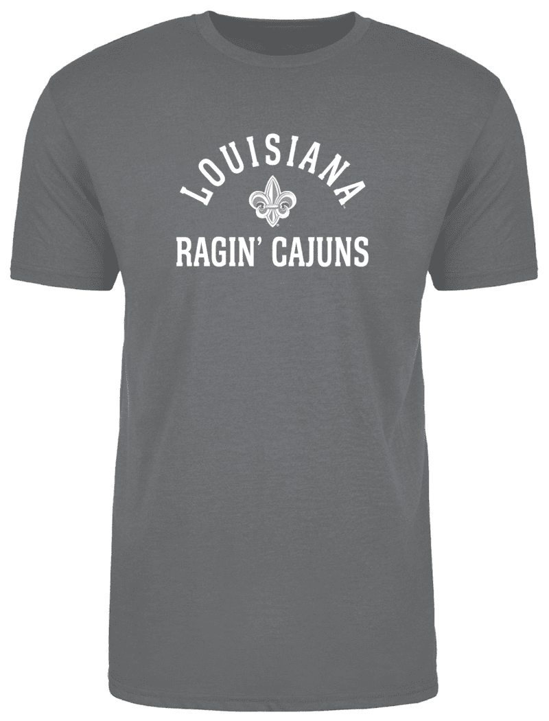 A gray t-shirt with the words louisiana ragin cajuns on it.