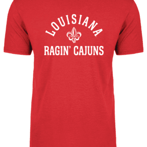 A red shirt with the words louisiana ragin cajuns on it.