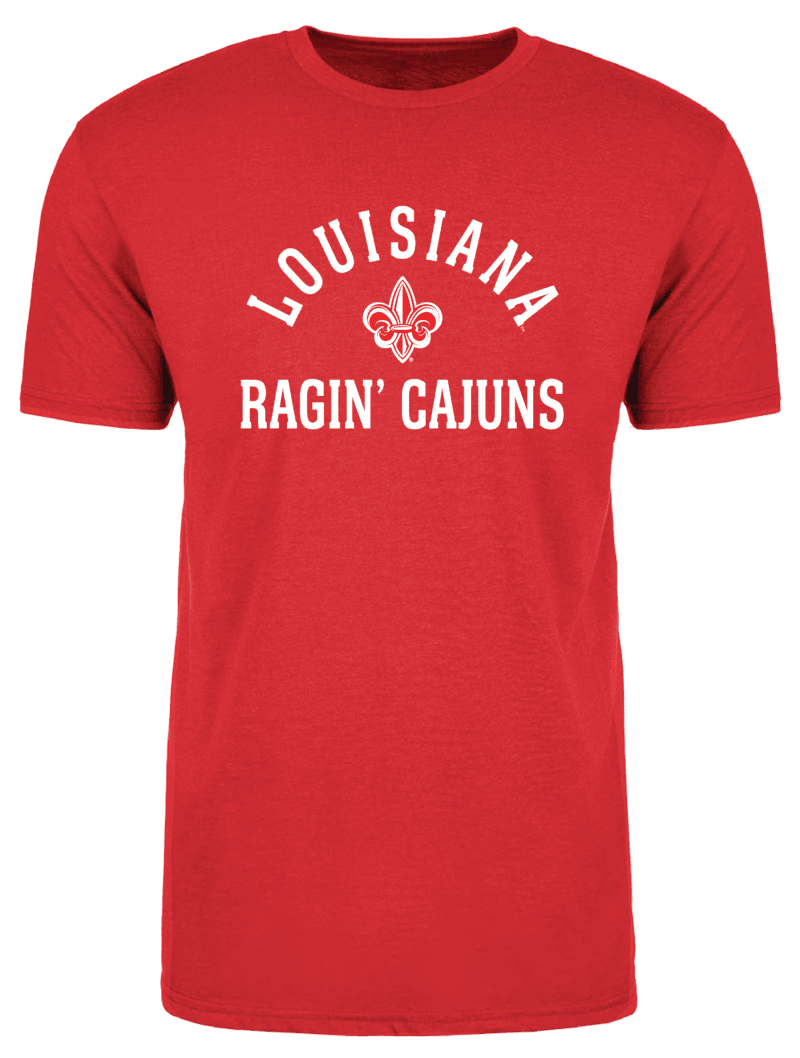 A red shirt with the words louisiana ragin cajuns on it.