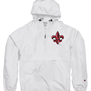 A white jacket with a red and black fleur de lis on it.