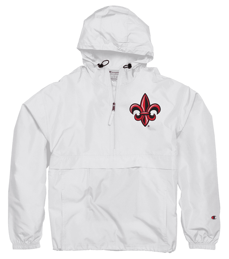 A white jacket with a red and black fleur de lis on it.