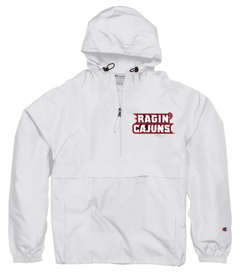 A white jacket with the words ragin cajuns on it.